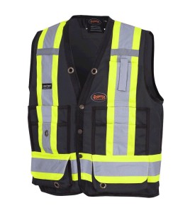 Veste de sécurité d’arpenteur, basse visibilité noire 150D, 16 poches avec fermeture à bouton pression, vendue à l’unité