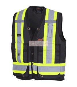 Veste de sécurité d’arpenteur, basse visibilité noire 150D, 16 poches avec fermeture à bouton pression, vendue à l’unité