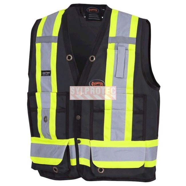 Pioneer men's low-visibility black 6692BK surveyor's vest, 150 denier woven twill, 16 pockets