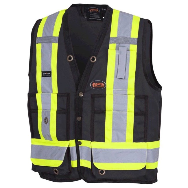 Pioneer men's low-visibility black 6692BK surveyor's vest, 150 denier woven twill, 16 pockets