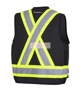 Pioneer men's low-visibility black 6692BK surveyor's vest, 150 denier woven twill, 16 pockets