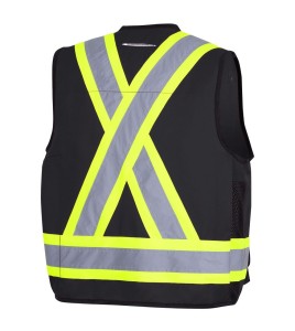 Veste de sécurité d’arpenteur, basse visibilité noire 150D, 16 poches avec fermeture à bouton pression, vendue à l’unité