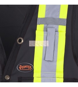 Pioneer men's low-visibility black 6692BK surveyor's vest, 150 denier woven twill, 16 pockets