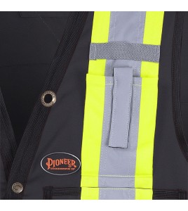 Veste de sécurité d’arpenteur, basse visibilité noire 150D, 16 poches avec fermeture à bouton pression, vendue à l’unité