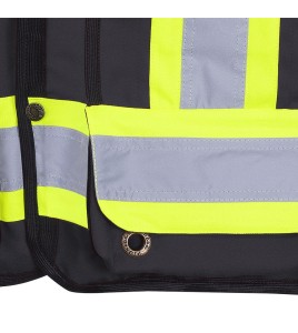 Veste de sécurité d’arpenteur, basse visibilité noire 150D, 16 poches avec fermeture à bouton pression, vendue à l’unité