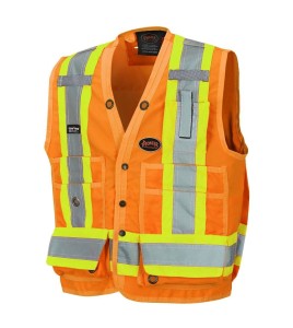 Pioneer men's high-visibility orange 6692 surveyor's vest, 150 denier woven twill, 16 pockets