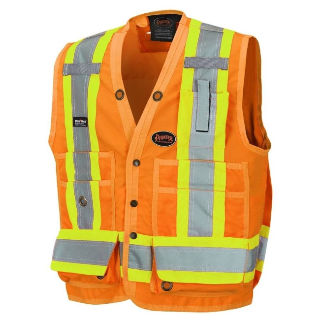 Pioneer men's high-visibility orange 6692 surveyor's vest, 150 denier woven twill, 16 pockets