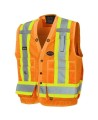 Pioneer men's high-visibility orange 6692 surveyor's vest, 150 denier woven twill, 16 pockets