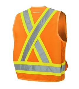 Pioneer men's high-visibility orange 6692 surveyor's vest, 150 denier woven twill, 16 pockets