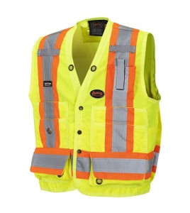 Pioneer men's high-visibility yellow 6693 surveyor's vest, 150 denier woven twill, 16 pockets