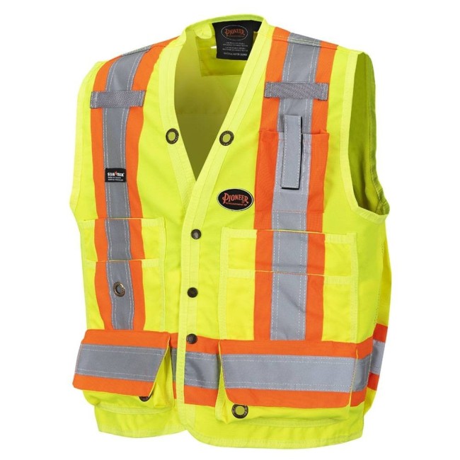 Veste de sécurité d’arpenteur, Pioneer 6693 haute visibilité jaune 150D, 16 poches avec fermeture à bouton pression