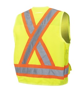 Pioneer men's high-visibility yellow 6693 surveyor's vest, 150 denier woven twill, 16 pockets