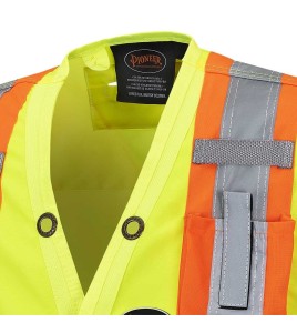 Pioneer men's high-visibility yellow 6693 surveyor's vest, 150 denier woven twill, 16 pockets