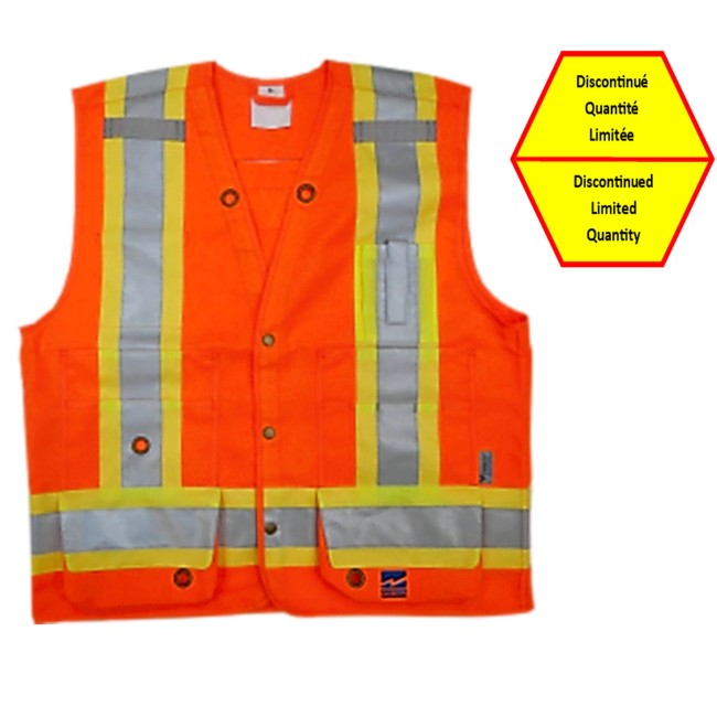 Veste d’arpenteur en polyester orange fluo avec 14 poches, CSA Z96-15 classe 2 niveau 2.