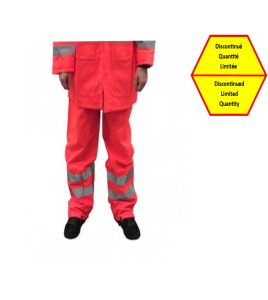 High visibility fluorescent orange rain pants with silver reflective stripes.