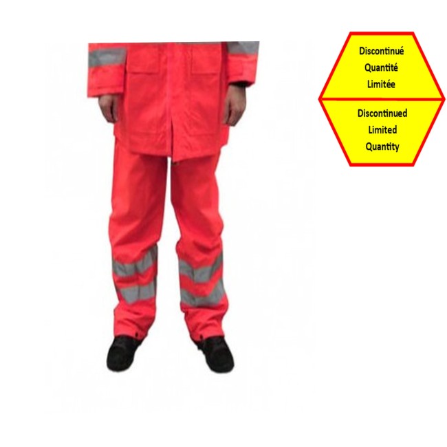 High visibility fluorescent orange rain pants with silver reflective stripes.