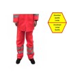 High visibility fluorescent orange rain pants with silver reflective stripes.