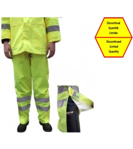 High visibility fluorescent yellow rain pants with silver reflective stripes.