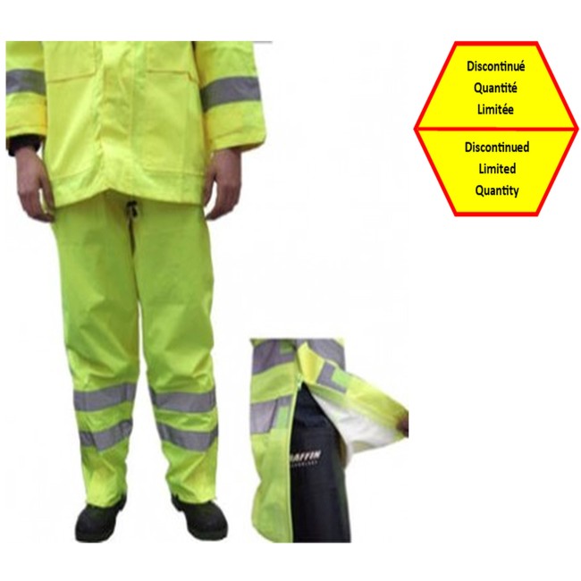 Pantalon imperméable haute visibilité jaune fluo avec bandes réfléchissantes argentées. 