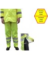 High visibility fluorescent yellow rain pants with silver reflective stripes.