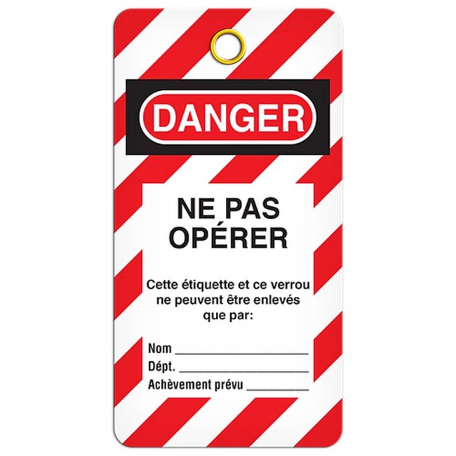 Étiquette pour cadenassage en français DANGER NE PAS OPÉRER, 3-3/8 X 5-3/4 po, vendue par paquet de 25