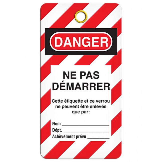 Étiquette pour cadenassage en français DANGER NE PAS DÉMARRER, 3-3/8 X 5-3/4 po, vendue par paquet de 25