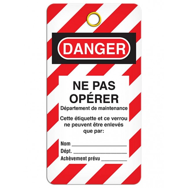 Étiquette pour cadenassage en français DANGER NE PAS OPÉRER, maintenance, 3-3/8 X 5-3/4 po, vendue par paquet de 25