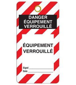 Étiquette pour cadenassage en français DANGER ÉQUIPEMENT VERROUILLÉ, 3-3/8 X 5-3/4 po, vendue par paquet de 25