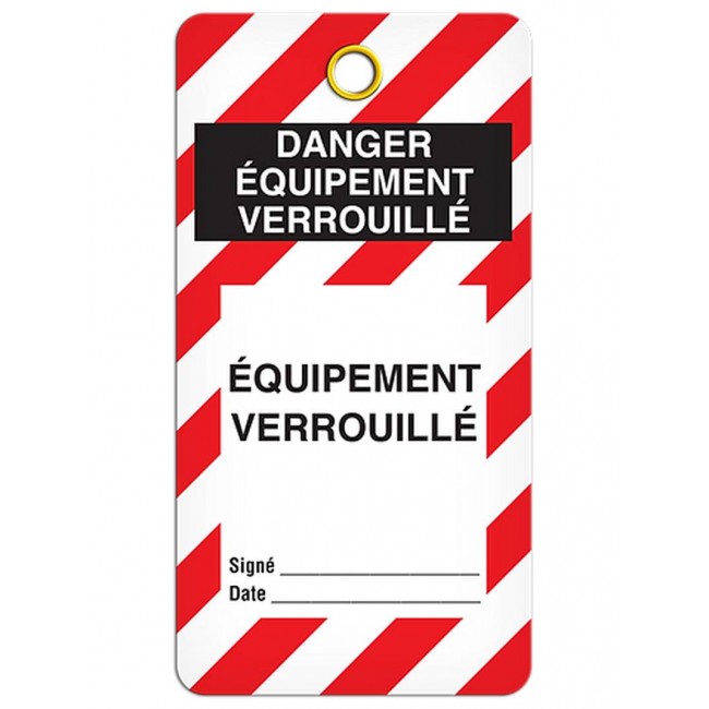 Étiquette pour cadenassage en français DANGER ÉQUIPEMENT VERROUILLÉ, 3-3/8 X 5-3/4 po, vendue par paquet de 25