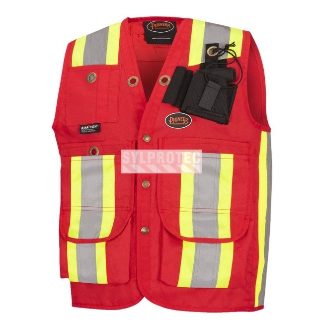 Veste de sécurité d’arpenteur haute visibilité rouge en polyester oxford de 600D enduit de polyuréthane, modèle 695