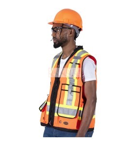 Veste d'arpenteur haute visibilité en polyester orange de 1200 deniers enduits de polyuréthane, 13 poches, Pioneer modèle 6676