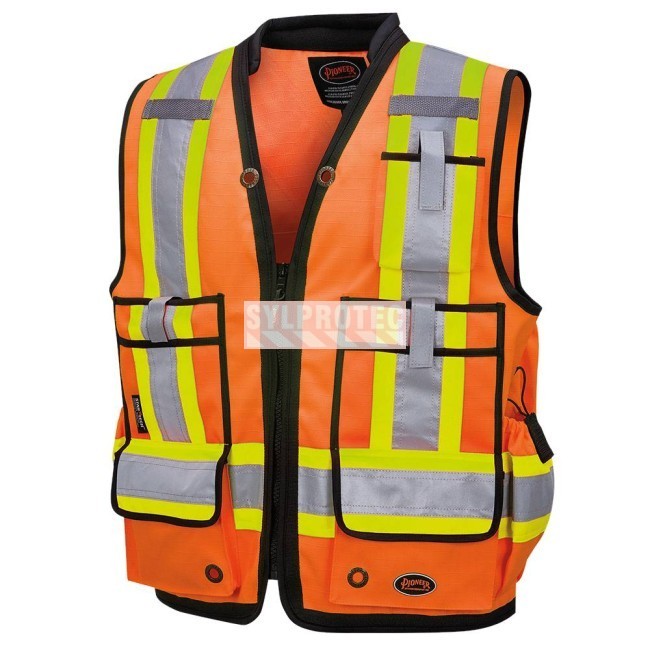 High-visibility surveyor's jacket in 1200 denier orange polyester with polyurethane coating, 13 pockets, Pioneer model 6676 [pro