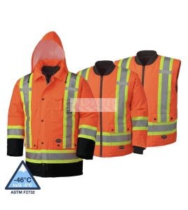 Manteau d'hiver orange-noir 100% imperméable 7-en-1 polyester enduit de polyuréthane, 7 en 1 haute visibilité pour homme