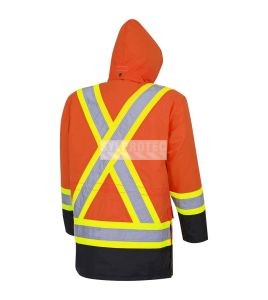 Winter men's orange-black 100% waterproof polyester-polyurethane winter jacket 7 in 1 with reflective stripes