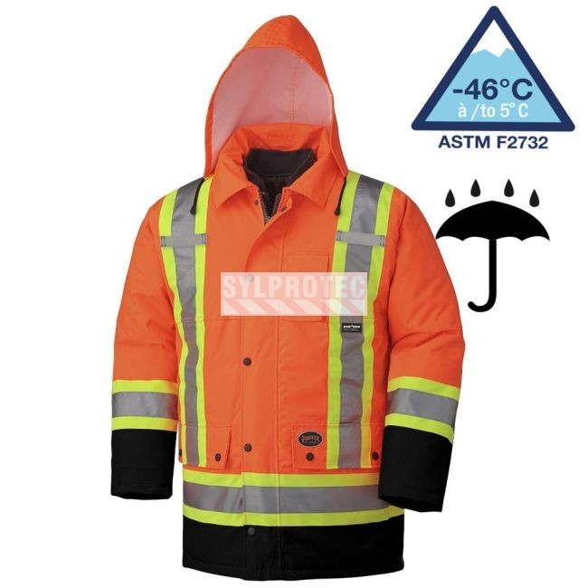 Winter men's orange-black 100% waterproof polyester-polyurethane winter jacket 7 in 1 with reflective stripes