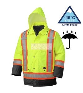 Winter men's yellow-black 100% waterproof polyester-polyurethane winter jacket 7 in 1 with reflective stripes