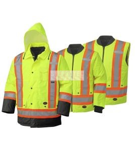 Manteau d'hiver jaune-noir 100% imperméable 7-en-1 polyester enduit de polyuréthane, 7 en 1 haute visibilité pour homme